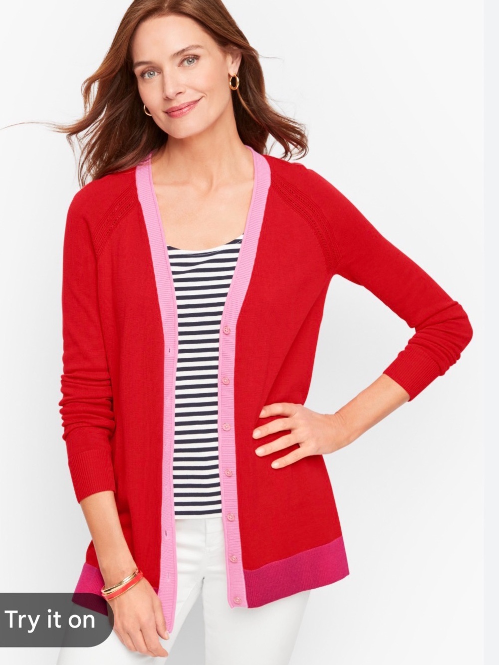 Talbots Medium Button Front Longline Cardigan Tipped Red‎ Pink Trim Preppy Soft
